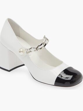 Miu Miu White Patent Mary Jane Pumps with Black Cap Toe and Chain